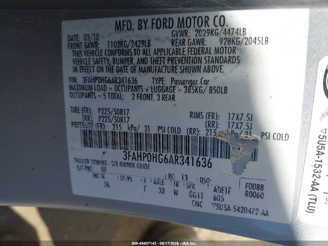 Aukcja sprzedaży 2010 Ford Fusion Se, vin: 3FAHP0HG6AR341636, numer aukcji: 45407143