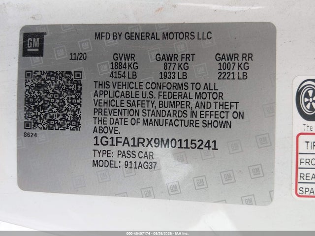 2021 Chevrolet Camaro Rwd  1lt მანქანა იყიდება აუქციონზე, vin: 1G1FA1RX9M0115241, აუქციონის ნომერი: 45407174