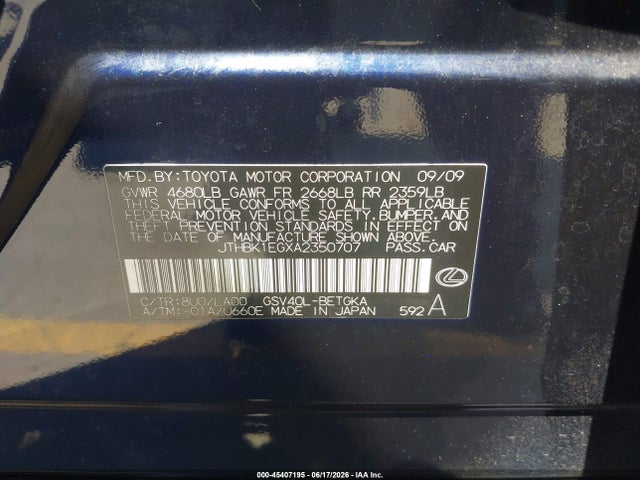 45407195 :رقم المزاد ، JTHBK1EGXA2350707 vin ، 2010 Lexus Es 350 مزاد بيع