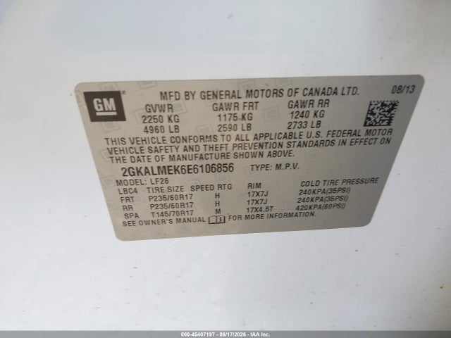 45407197 :رقم المزاد ، 2GKALMEK6E6106856 vin ، 2014 Gmc Terrain Sle-1 مزاد بيع