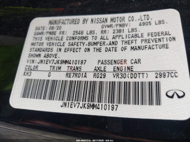 Auction sale of the 2021 Infiniti Q60 Pure, vin: JN1EV7JK9MM410197, lot number: 45407215