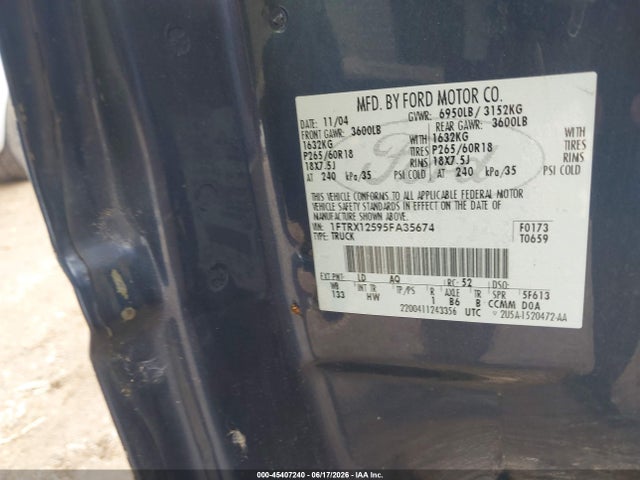 Aukcja sprzedaży 2005 Ford F-150 Lariat/xl/xlt, vin: 1FTRX12595FA35674, numer aukcji: 45407240