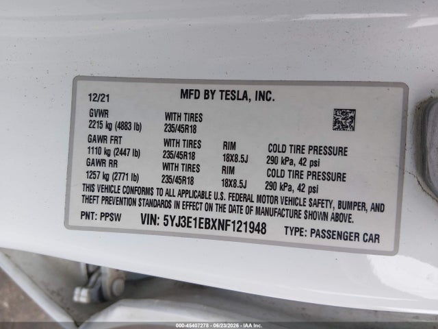 45407278 :رقم المزاد ، 5YJ3E1EBXNF121948 vin ، 2022 Tesla Model 3 Long Range Dual Motor All-wheel Drive مزاد بيع
