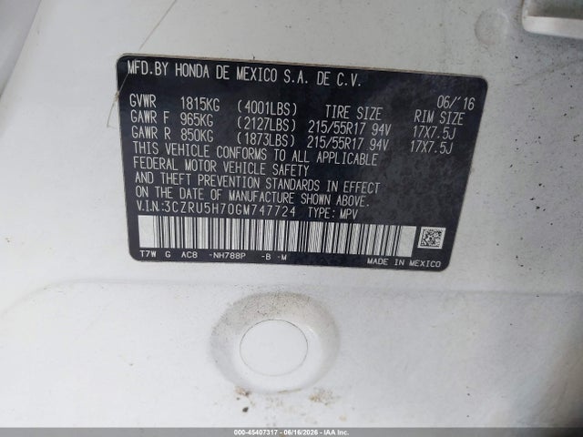 Продаж на аукціоні авто 2016 Honda Hr-v Ex-l, vin: 3CZRU5H70GM747724, номер лоту: 45407317