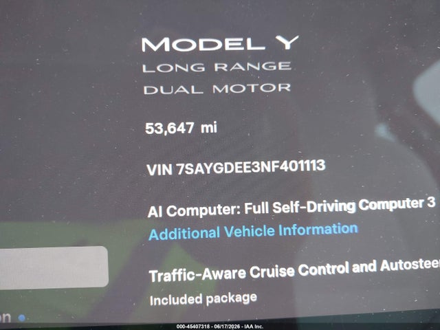 45407318 :رقم المزاد ، 7SAYGDEE3NF401113 vin ، 2022 Tesla Model Y Long Range Dual Motor All-wheel Drive مزاد بيع