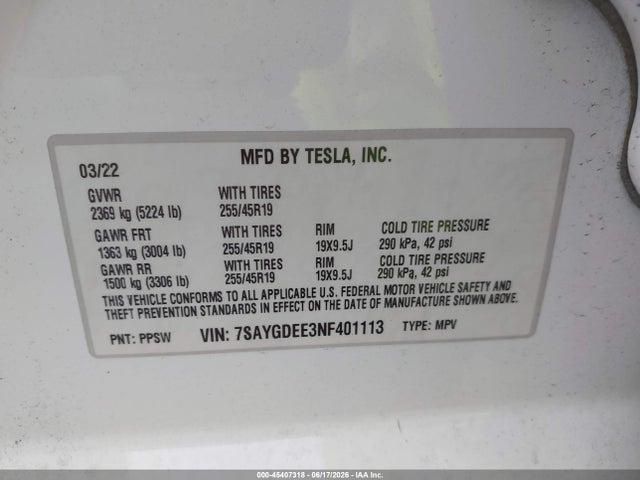 45407318 :رقم المزاد ، 7SAYGDEE3NF401113 vin ، 2022 Tesla Model Y Long Range Dual Motor All-wheel Drive مزاد بيع