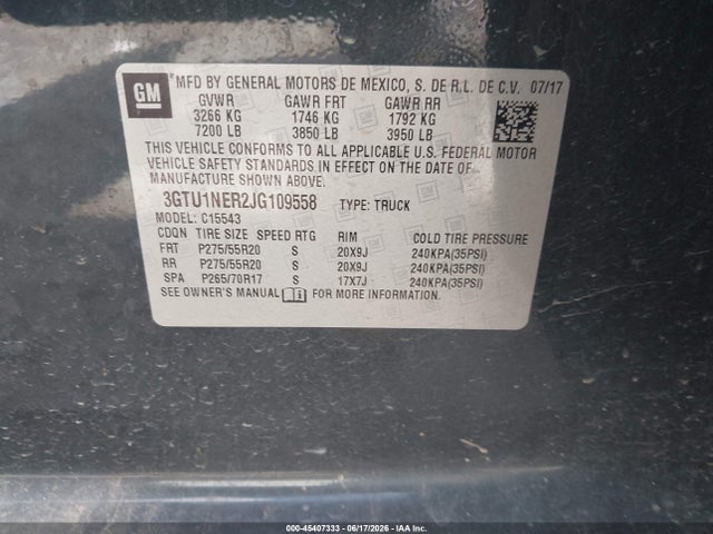 Продаж на аукціоні авто 2018 Gmc Sierra 1500 Slt, vin: 3GTU1NER2JG109558, номер лоту: 45407333