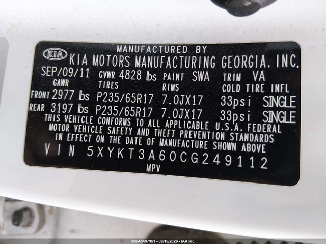 45407351 :رقم المزاد ، 5XYKT3A60CG249112 vin ، 2012 Kia Sorento Lx مزاد بيع