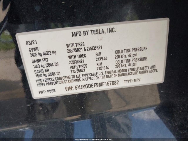 Aukcja sprzedaży 2021 Tesla Model Y Performance Dual Motor All-wheel Drive, vin: 5YJYGDEF9MF157682, numer aukcji: 45407353