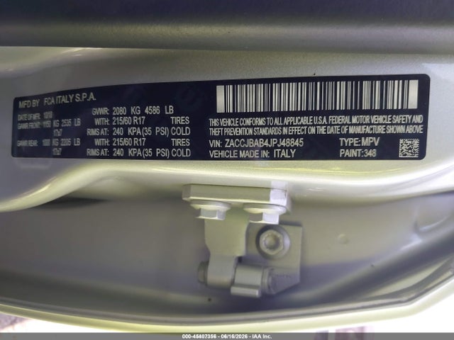 45407356 :رقم المزاد ، ZACCJBAB4JPJ48845 vin ، 2018 Jeep Renegade Sport 4x4 مزاد بيع