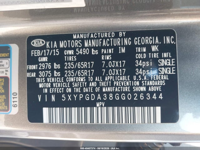 5XYPGDA38GG026344 KIA Sorento 2.4l Lx