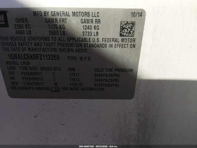 Chevrolet EQUINOX LT 2015 1GNALCEK6FZ112269 Image 9