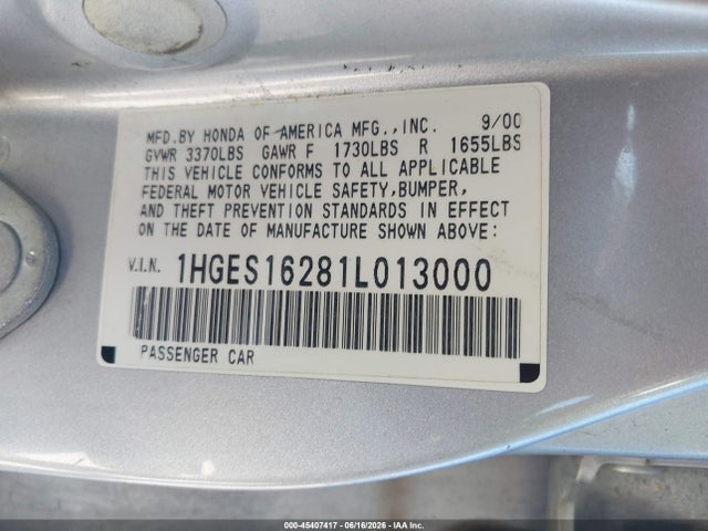 Продажа на аукционе авто 2001 Honda Civic Dx, vin: 1HGES16281L013000, номер лота: 45407417