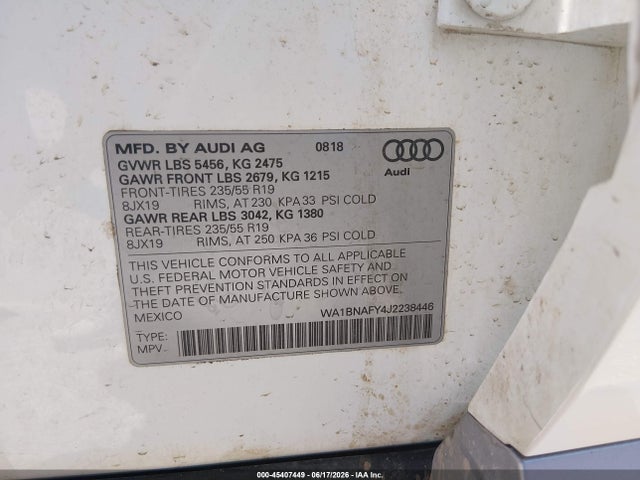 Aukcja sprzedaży 2018 Audi Q5 2.0t Premium/2.0t Tech Premium, vin: WA1BNAFY4J2238446, numer aukcji: 45407449