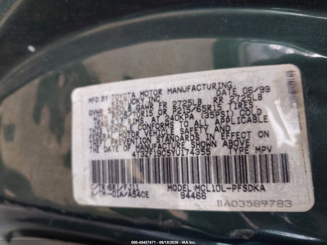 45407471 :رقم المزاد ، 4T3ZF19C5YU174355 vin ، 2000 Toyota Sienna Ce مزاد بيع