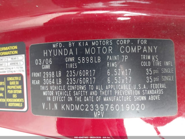 Продажа на аукционе авто 2007 Hyundai Entourage Gls/limited/se, vin: KNDMC233976019020, номер лота: 45407483