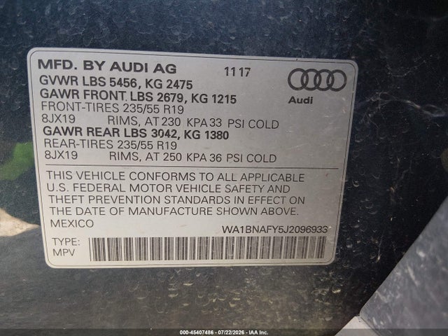 45407486 :رقم المزاد ، WA1BNAFY5J2096933 vin ، 2018 Audi Q5 2.0t Premium/2.0t Tech Premium مزاد بيع