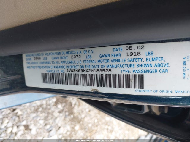 45407488 :رقم المزاد ، 3VWSK69MX2M183528 vin ، 2002 Volkswagen Jetta Gls مزاد بيع