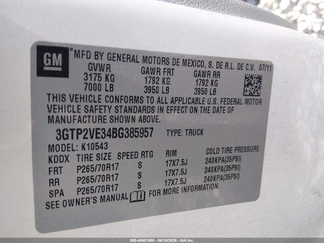 Aukcja sprzedaży 2011 Gmc Sierra 1500 Sle, vin: 3GTP2VE34BG385957, numer aukcji: 45407490