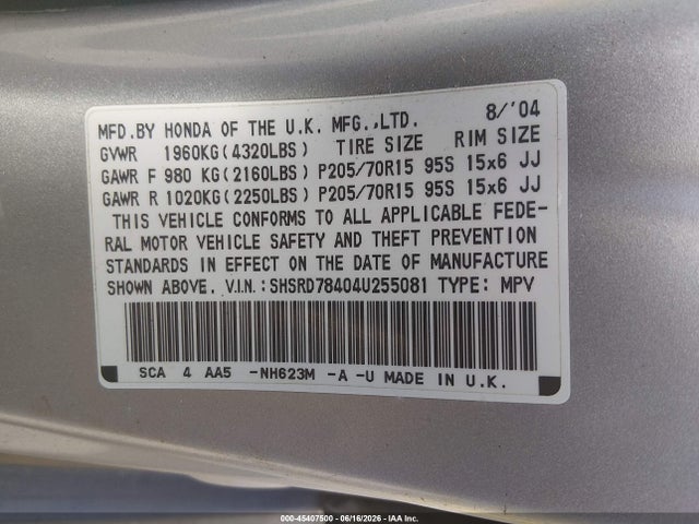 Aukcja sprzedaży 2004 Honda Cr-v Lx, vin: SHSRD78404U255081, numer aukcji: 45407500