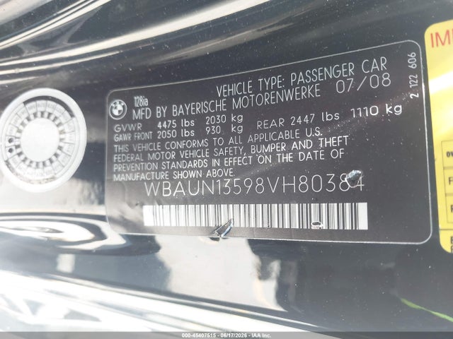 2008 Bmw 128i მანქანა იყიდება აუქციონზე, vin: WBAUN13598VH80384, აუქციონის ნომერი: 45407515