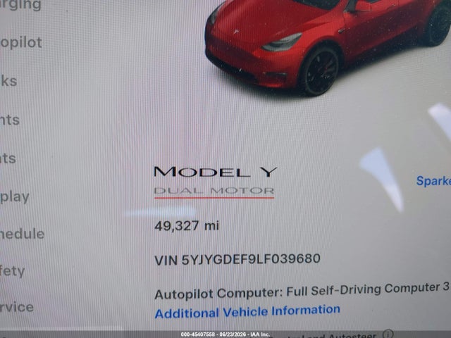 Продаж на аукціоні авто 2020 Tesla Model Y, vin: 5YJYGDEF9LF039680, номер лоту: 45407558