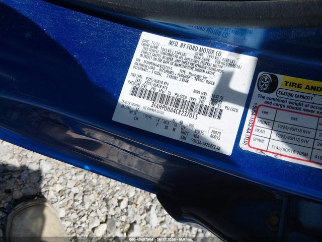 45407564 :رقم المزاد ، 3FAHP0HA4CR237015 vin ، 2012 Ford Fusion Se مزاد بيع