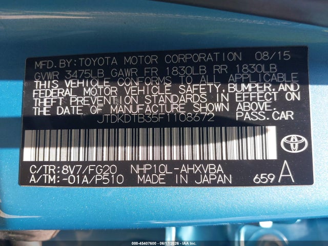Toyota Prius C Two 2015 JTDKDTB35F1108672 Image 9