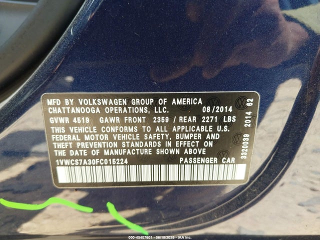 2015 Volkswagen Passat 1.8t Sel Premium მანქანა იყიდება აუქციონზე, vin: 1VWCS7A30FC015224, აუქციონის ნომერი: 45407601
