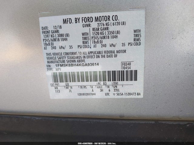 1FM5K8BH4KGA93614 Ford Explorer