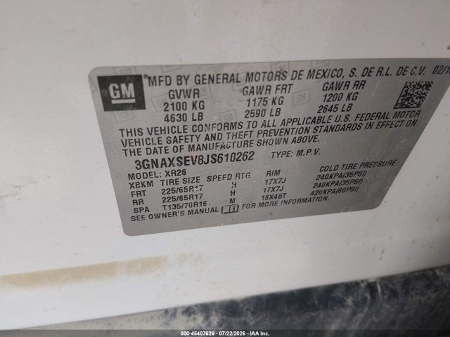 Продажа на аукционе авто 2018 Chevrolet Equinox Lt, vin: 3GNAXSEV8JS610262, номер лота: 45407626