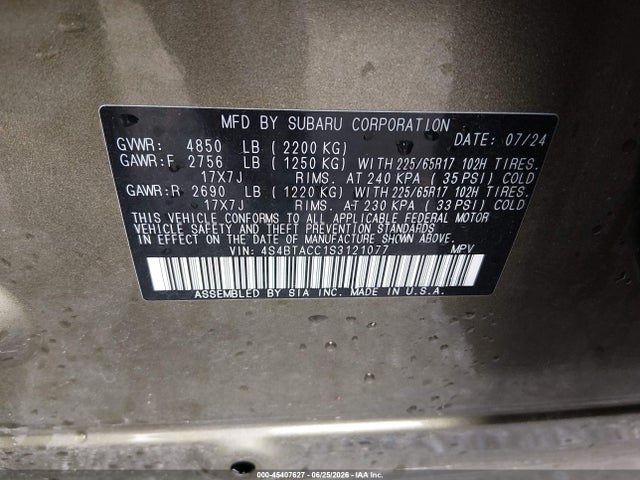 Продаж на аукціоні авто 2025 Subaru Outback Premium, vin: 4S4BTACC1S3121077, номер лоту: 45407627