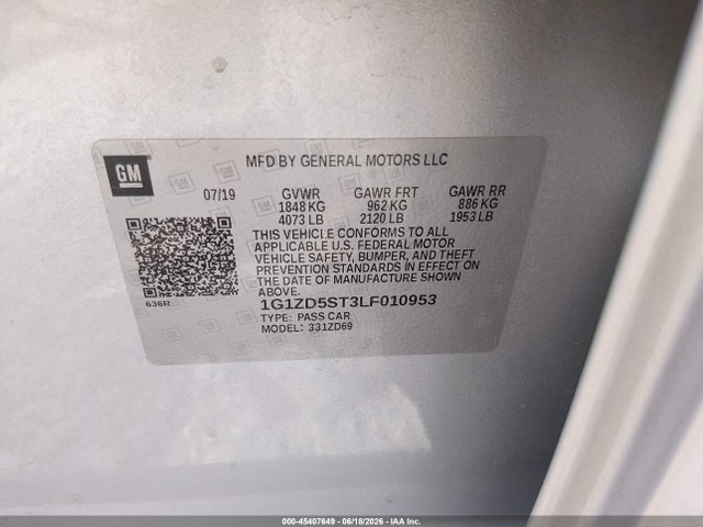 45407649 :رقم المزاد ، 1G1ZD5ST3LF010953 vin ، 2020 Chevrolet Malibu Fwd Lt مزاد بيع