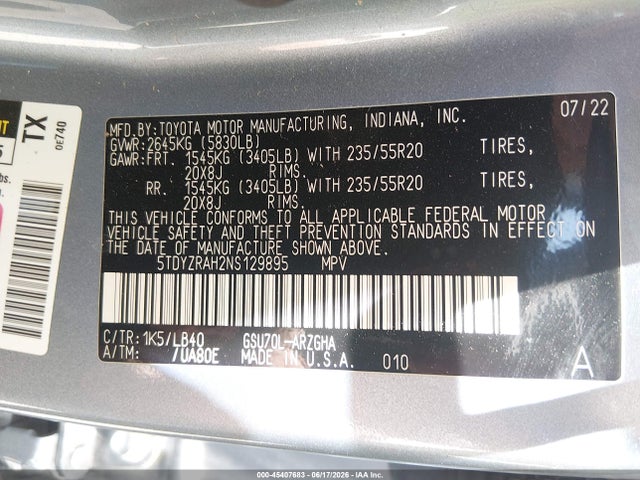 5TDYZRAH2NS129895 Toyota Highlander Limited