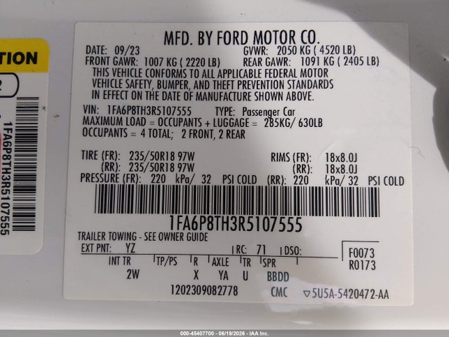 45407700 :رقم المزاد ، 1FA6P8TH3R5107555 vin ، 2024 Ford Mustang Ecoboost Fastback مزاد بيع