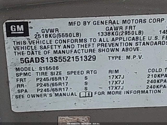 2005 Buick Rainier Cxl მანქანა იყიდება აუქციონზე, vin: 5GADS13S552151329, აუქციონის ნომერი: 45407714