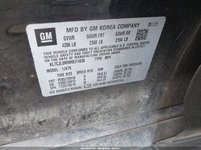 KL7CJLSM9MB374836 Chevrolet Trax Fwd Lt