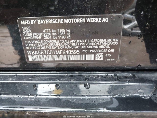 45407777 :رقم المزاد ، WBA5R7C01MFK48595 vin ، 2021 Bmw 330i Xdrive مزاد بيع