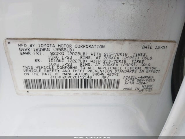 45407782 :رقم المزاد ، JTEHH20V020152149 vin ، 2002 Toyota Rav4 مزاد بيع