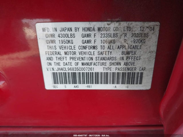 Продажа на аукционе авто 2005 Acura Tsx, vin: JH4CL96835C007261, номер лота: 45407797