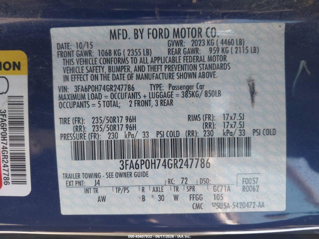 Ford FUSION SE 2016 3FA6P0H74GR247786 Image 9