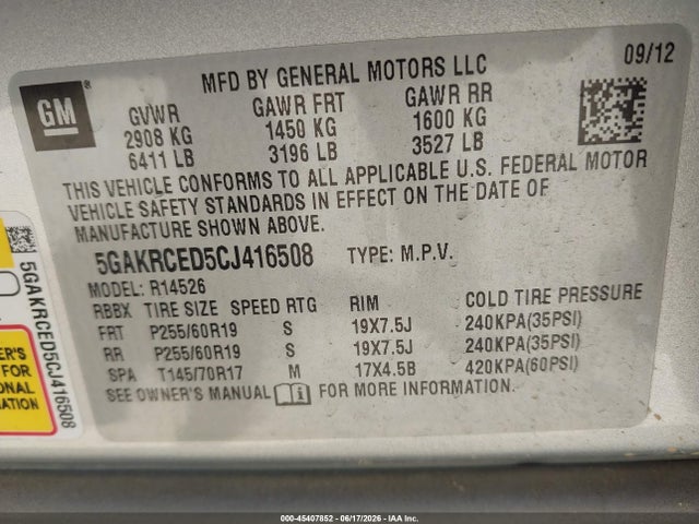 2012 Buick Enclave Leather მანქანა იყიდება აუქციონზე, vin: 5GAKRCED5CJ416508, აუქციონის ნომერი: 45407852