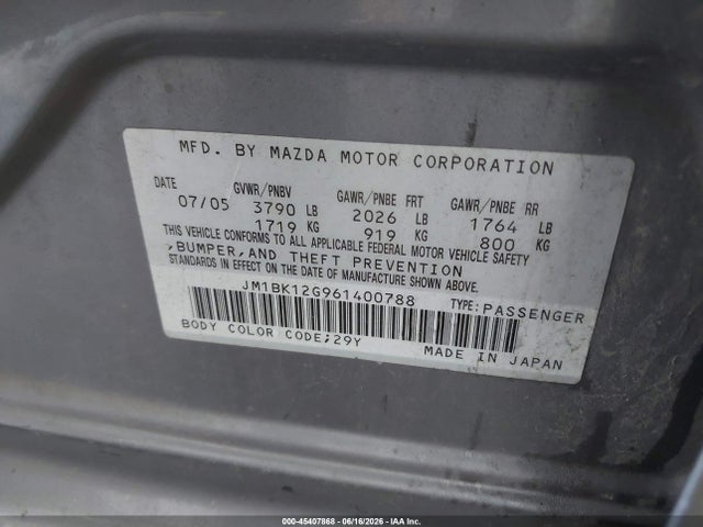 Продажа на аукционе авто 2006 Mazda Mazda3 I, vin: JM1BK12G961400788, номер лота: 45407868