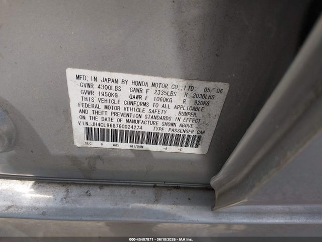 45407871 :رقم المزاد ، JH4CL96876C024274 vin ، 2006 Acura Tsx مزاد بيع