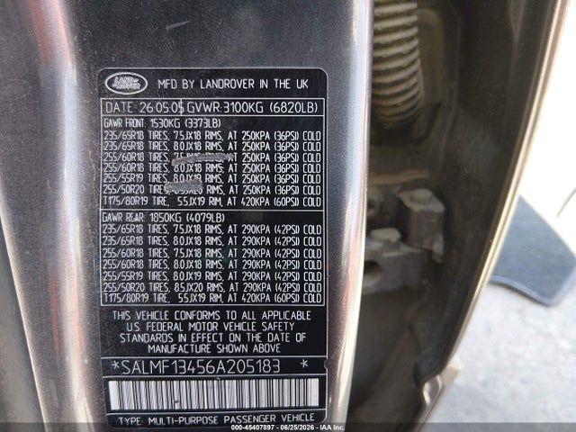 45407897 :رقم المزاد ، SALMF13456A205183 vin ، 2006 Land Rover Range Rover Supercharged مزاد بيع