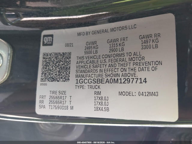 45407900 :رقم المزاد ، 1GCGSBEA0M1297714 vin ، 2021 Chevrolet Colorado 2wd  Short Box Wt مزاد بيع