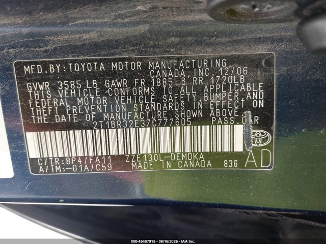 Продажа на аукционе авто 2007 Toyota Corolla Ce, vin: 2T1BR32E37C777605, номер лота: 45407915
