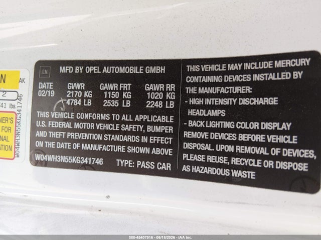 Продажа на аукционе авто 2019 Buick Cascada Premium, vin: W04WH3N55KG341746, номер лота: 45407916