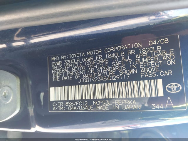 45407977 :رقم المزاد ، JTDBT923X84029117 vin ، 2008 Toyota Yaris مزاد بيع