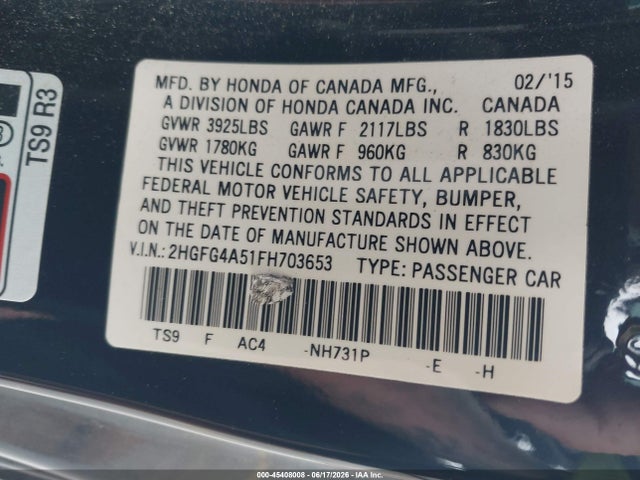 Honda CIVIC SI 2015 2HGFG4A51FH703653 Image 9